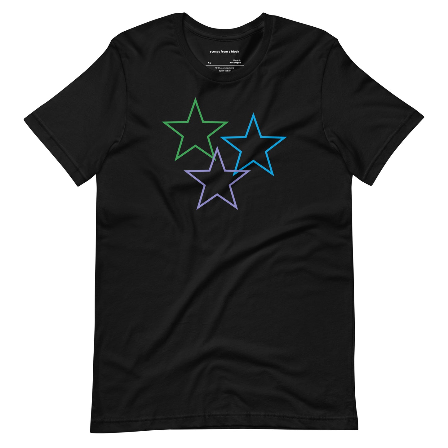 Green Blue Lavender Big Stars Black T-Shirt