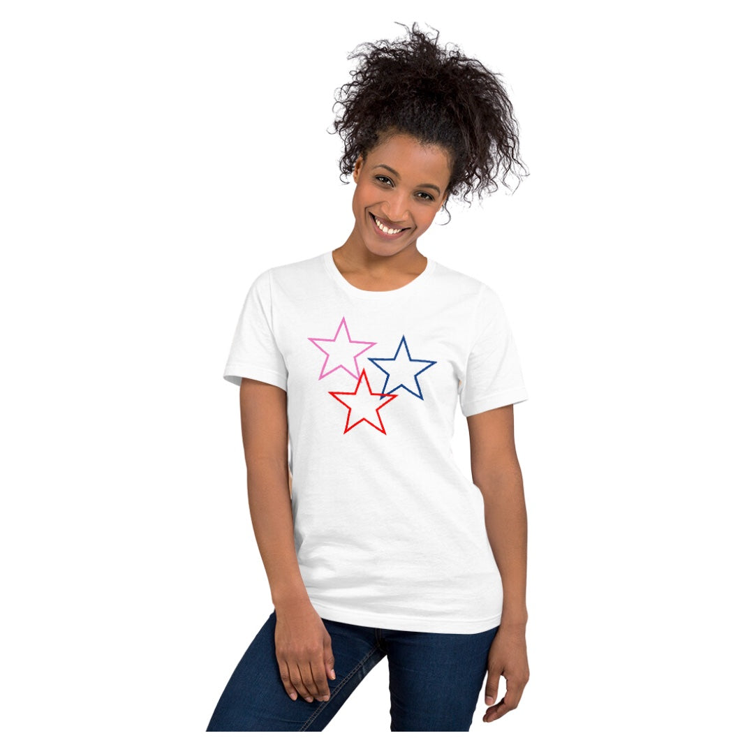 Pink Blue Red Big Stars White T-Shirt